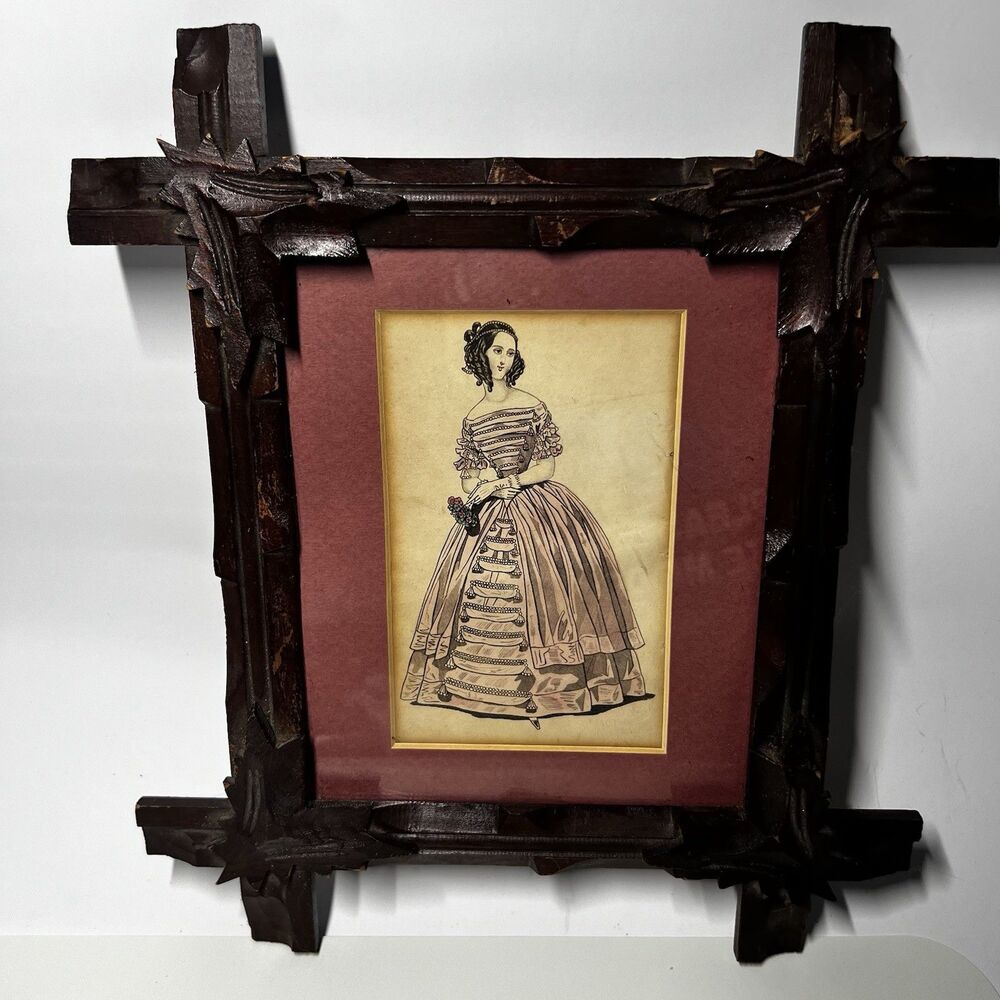 Vtg 1940s Art Print Victorian Lady Hand Carved Wood Tramp Adirondack Leaf Frame